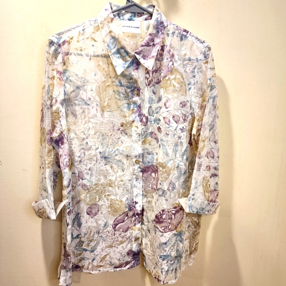 Alfred Dunner See Through Quarter Sleeves Floral button Down shirt size  12